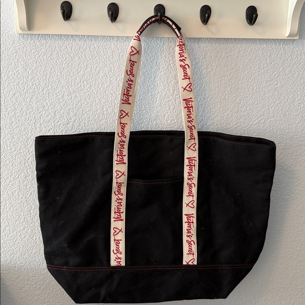 Victoria's Secret Black Canvas Tote with Red and White Straps